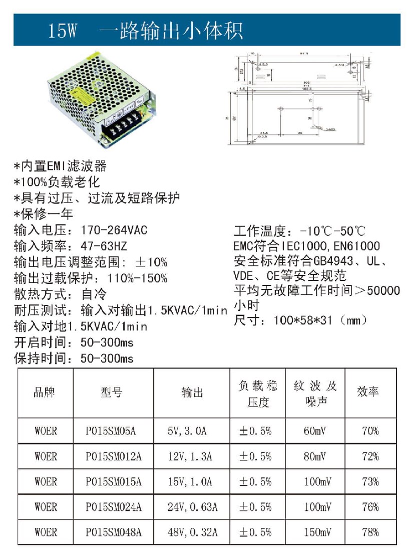 15W一路输出小体积